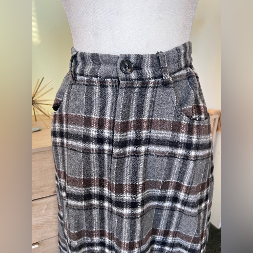 Grey Check Plaid Modest A-Line Midi Maxi Frayed Hem Tailored Structured Skirt XS